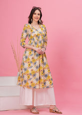 Elegant Off White and Yellow Printed Cotton Long Kurti with Flared Alia Cut - Perfect for a Stylish and Comfortable Ethnic Ensemble