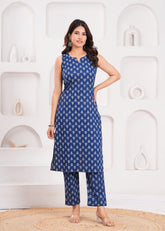 Elegant Sleeveless Blue Kurta & Pant Set in Pure Cotton – Lightweight and Stylish for Daily Wear or Casual Outings