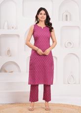Vibrant Rani Color Sleeveless Kurta Set in Pure Cotton – Lightweight and Stylish Daily Wear for Modern Indian Women