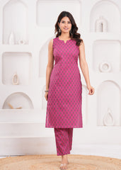Vibrant Rani Color Sleeveless Kurta Set in Pure Cotton – Lightweight and Stylish Daily Wear for Modern Indian Women