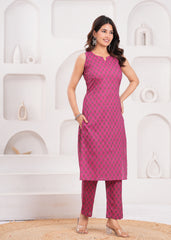 Vibrant Rani Color Sleeveless Kurta Set in Pure Cotton – Lightweight and Stylish Daily Wear for Modern Indian Women