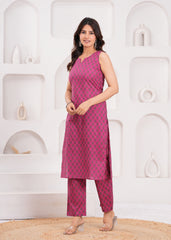 Vibrant Rani Color Sleeveless Kurta Set in Pure Cotton – Lightweight and Stylish Daily Wear for Modern Indian Women