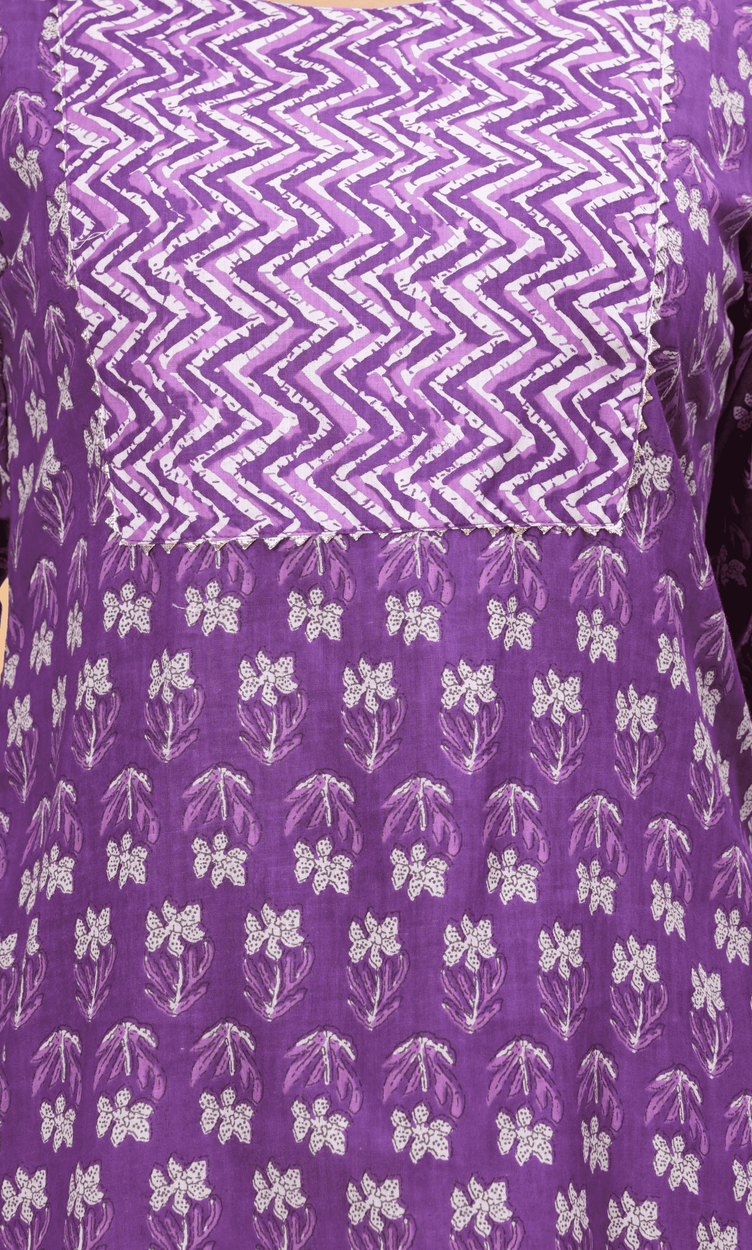 Purple and White Block Print Stylish Yoke Short Kurti - Graceful Contrast for Stylish Statement