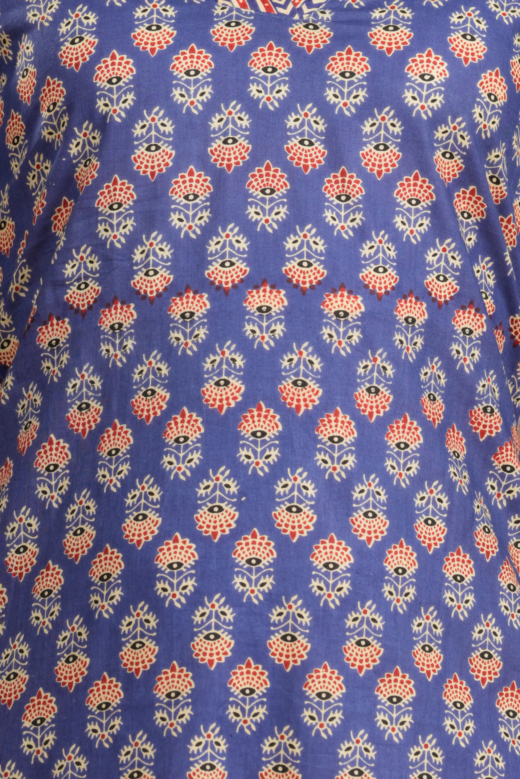 Blue Block Print  With Unique Neck Line Cotton Long Kurti - A Stylish Statement With Blue Line