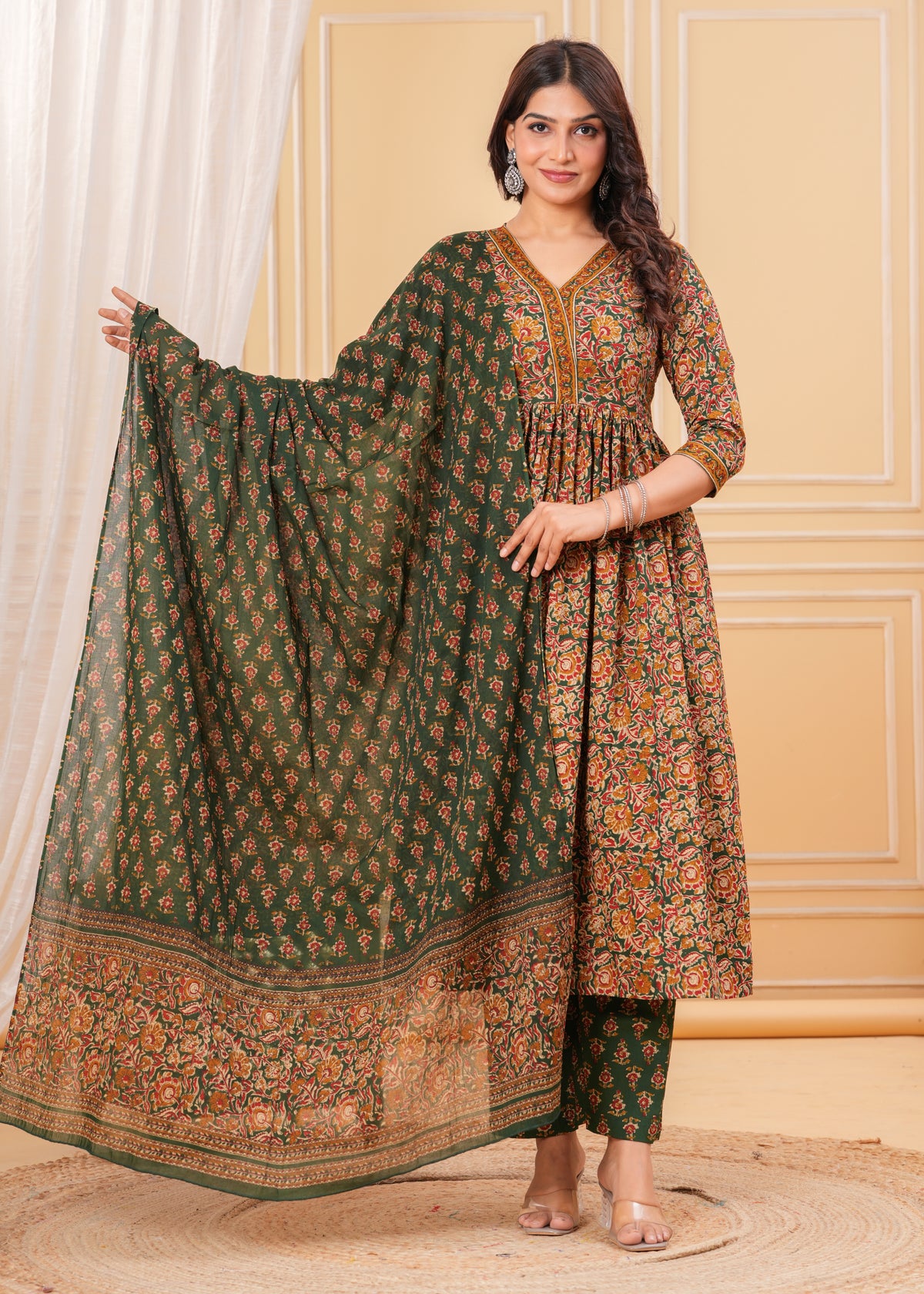 Green Cotton Suit Set with Dupatta – Crafted from 100% Pure Cotton for Breathable Comfort and Elegant Everyday Ethnic Style