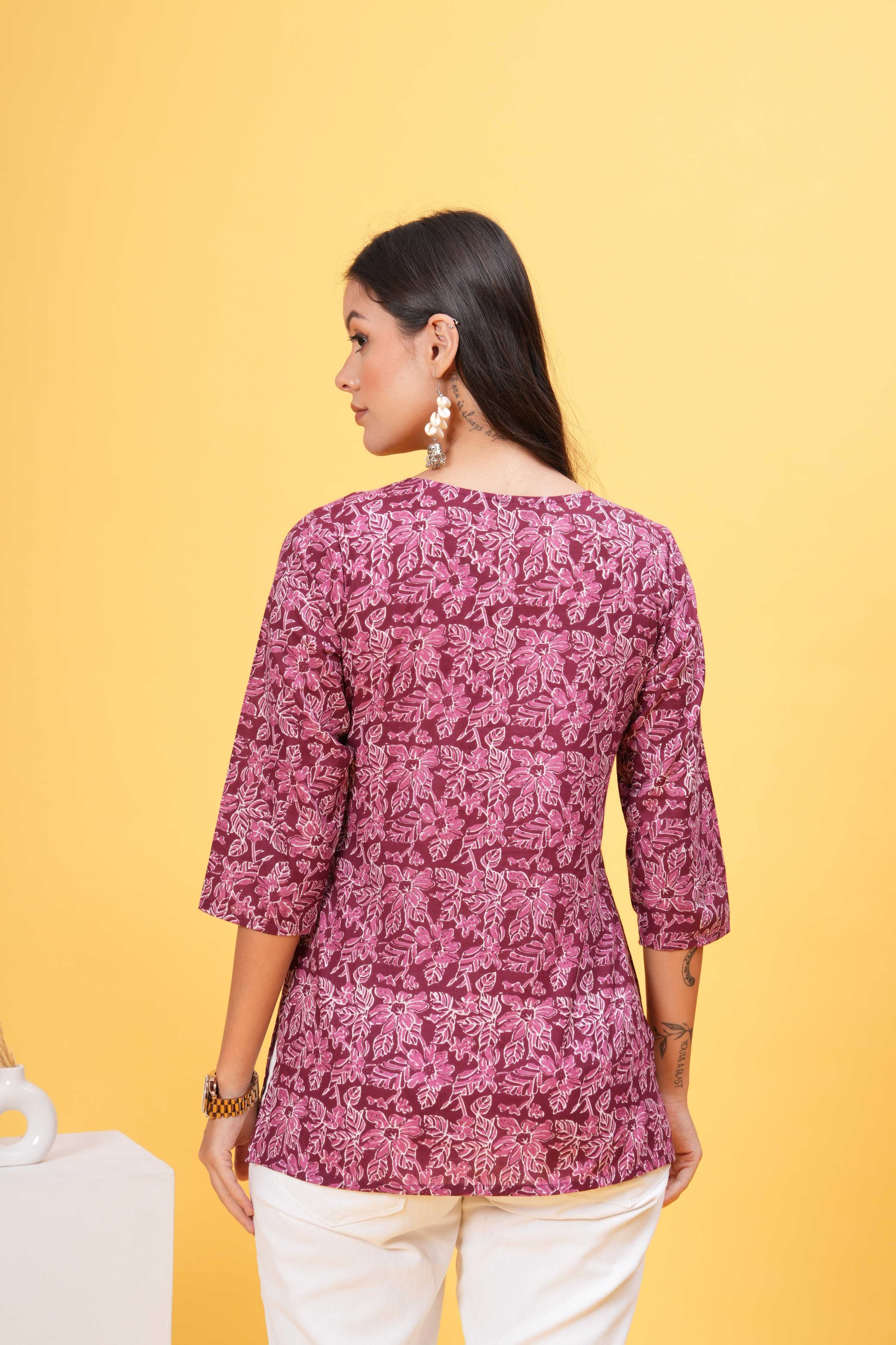 Red Base with White Block Print Stylish Yoke Short Kurti-Crisp Contrast For a Standout Look