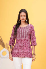 Red Base with White Block Print Stylish Yoke Short Kurti-Crisp Contrast For a Standout Look
