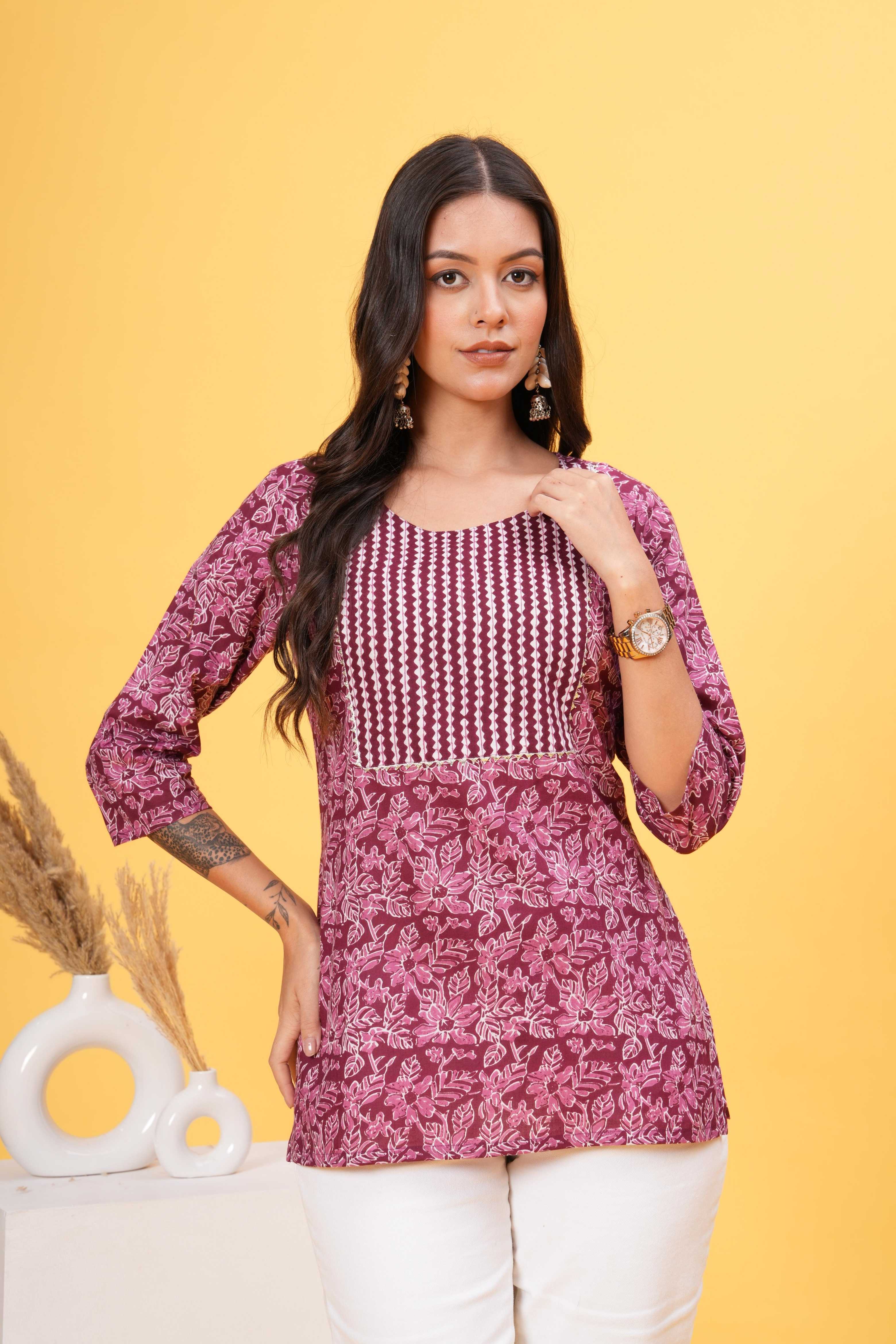 Red Base with White Block Print Stylish Yoke Short Kurti-Crisp Contrast For a Standout Look