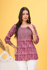 Red Base with White Block Print Stylish Yoke Short Kurti-Crisp Contrast For a Standout Look