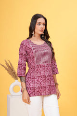 Red Base with White Block Print Stylish Yoke Short Kurti-Crisp Contrast For a Standout Look