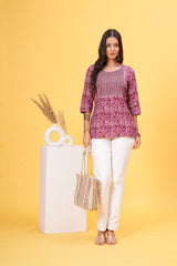 Red Base with White Block Print Stylish Yoke Short Kurti-Crisp Contrast For a Standout Look