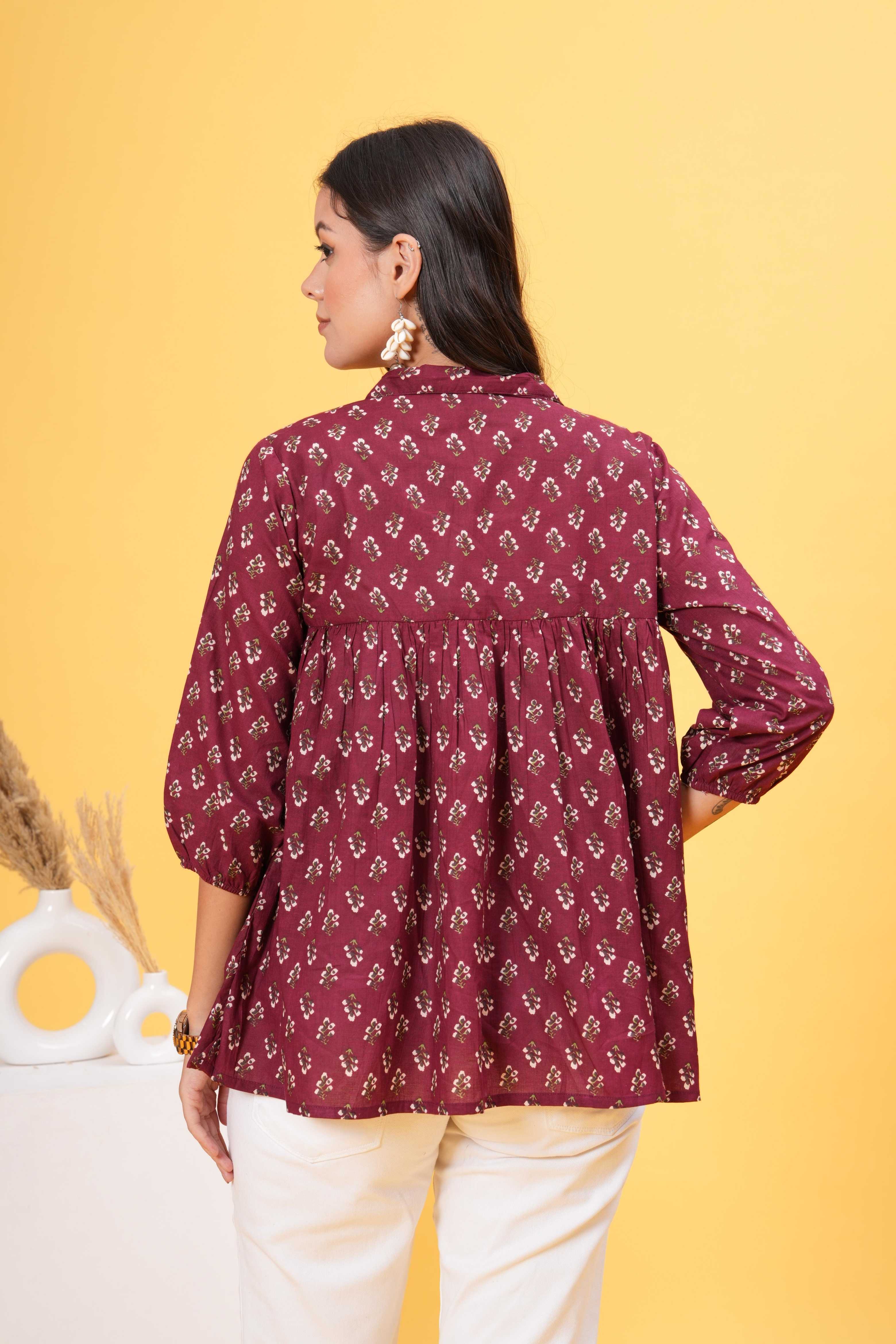 Chrismon Charm Collar Cotton Top -Sophisticated Maroon With Bold Prints And A Classic Shirt Collar