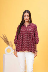 Chrismon Charm Collar Cotton Top -Sophisticated Maroon With Bold Prints And A Classic Shirt Collar