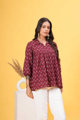 Chrismon Charm Collar Cotton Top -Sophisticated Maroon With Bold Prints And A Classic Shirt Collar
