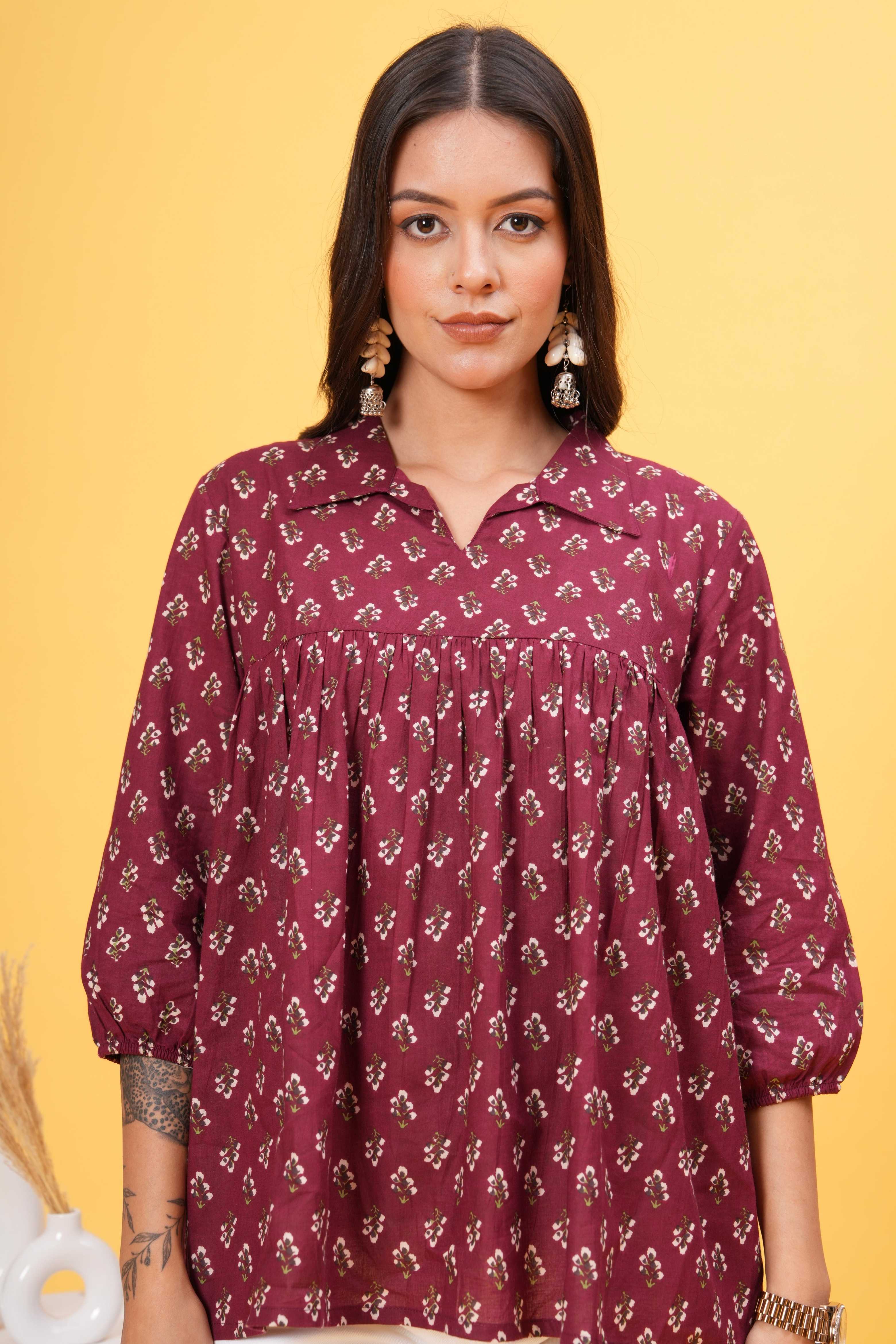 Chrismon Charm Collar Cotton Top -Sophisticated Maroon With Bold Prints And A Classic Shirt Collar