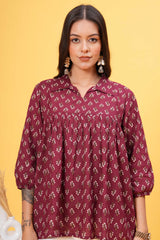 Chrismon Charm Collar Cotton Top -Sophisticated Maroon With Bold Prints And A Classic Shirt Collar