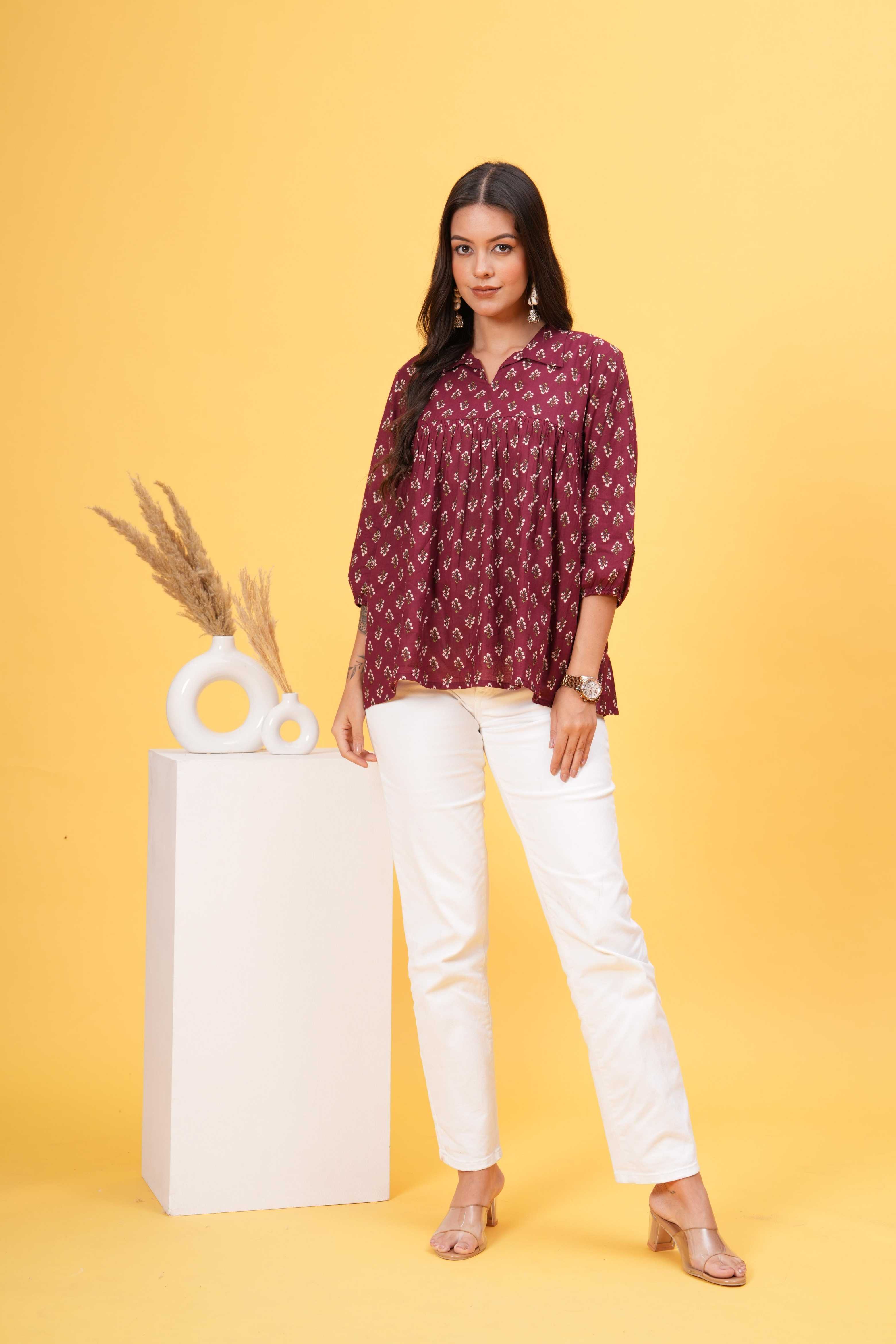 Chrismon Charm Collar Cotton Top -Sophisticated Maroon With Bold Prints And A Classic Shirt Collar