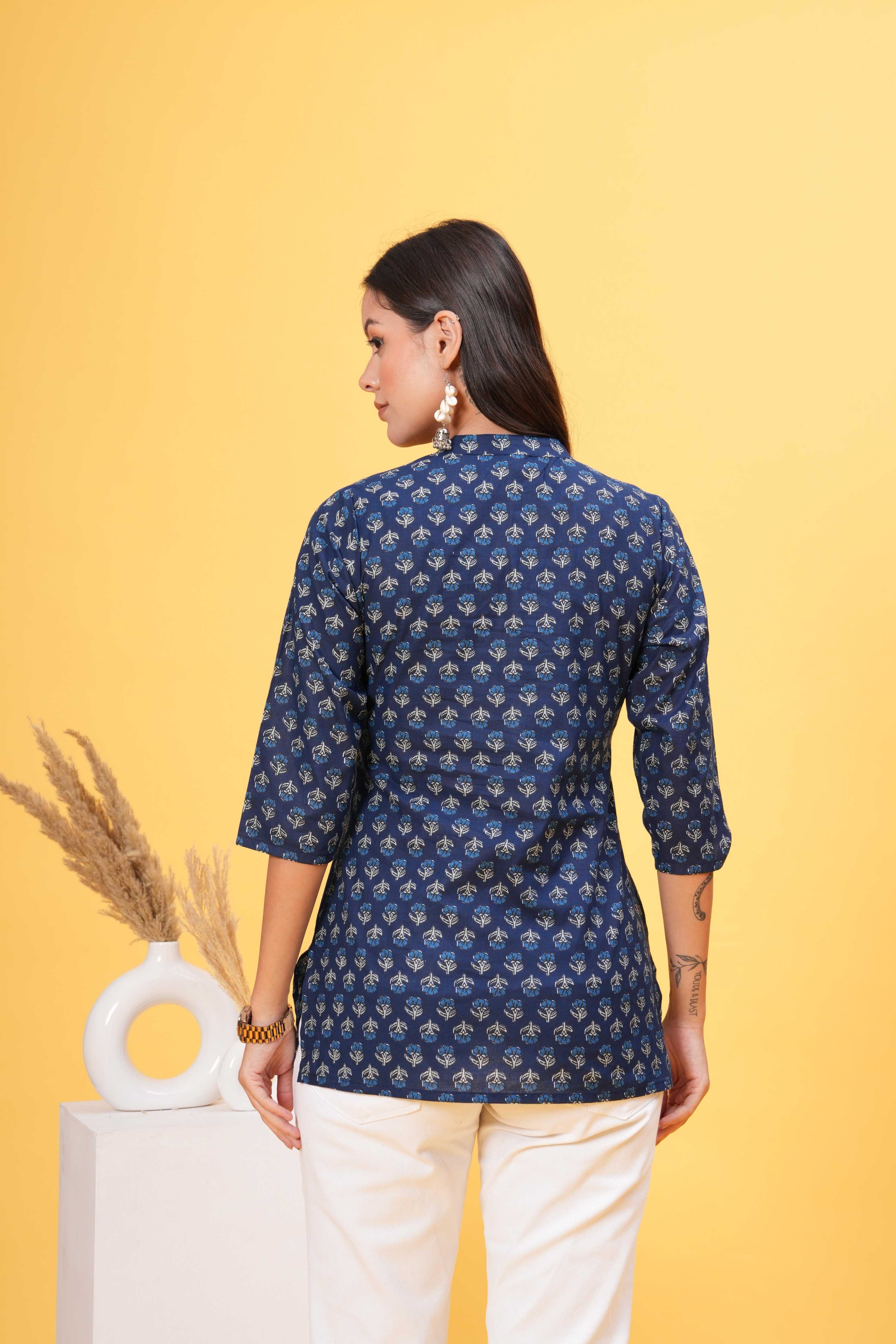 Navy Blue with White Block Print Stylish Collar Short Kurti - Classic Elegance in Timeless Contrast