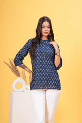 Navy Blue with White Block Print Stylish Collar Short Kurti - Classic Elegance in Timeless Contrast
