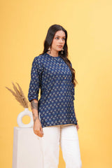 Navy Blue with White Block Print Stylish Collar Short Kurti - Classic Elegance in Timeless Contrast