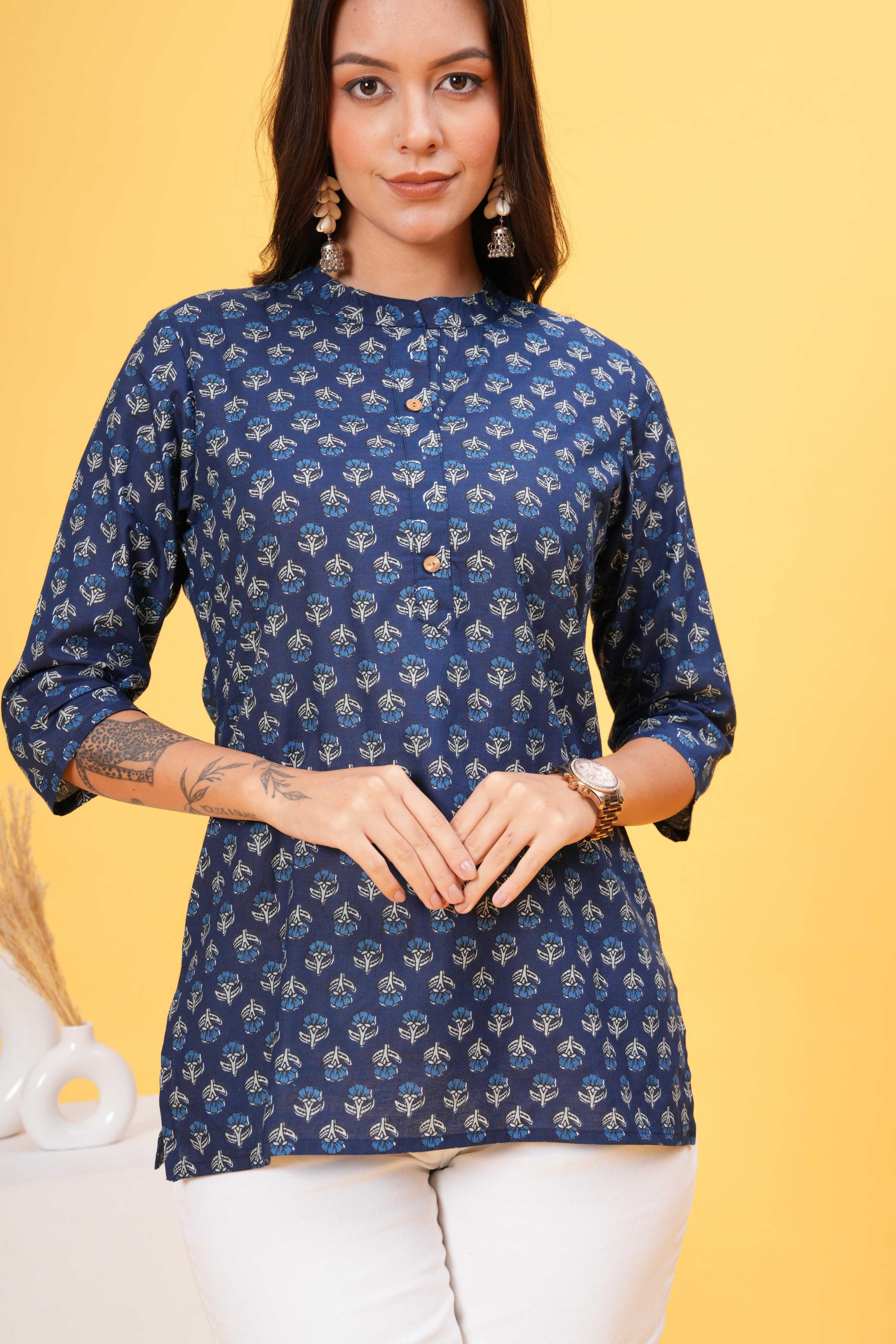 Navy Blue with White Block Print Stylish Collar Short Kurti - Classic Elegance in Timeless Contrast