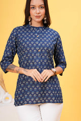 Navy Blue with White Block Print Stylish Collar Short Kurti - Classic Elegance in Timeless Contrast