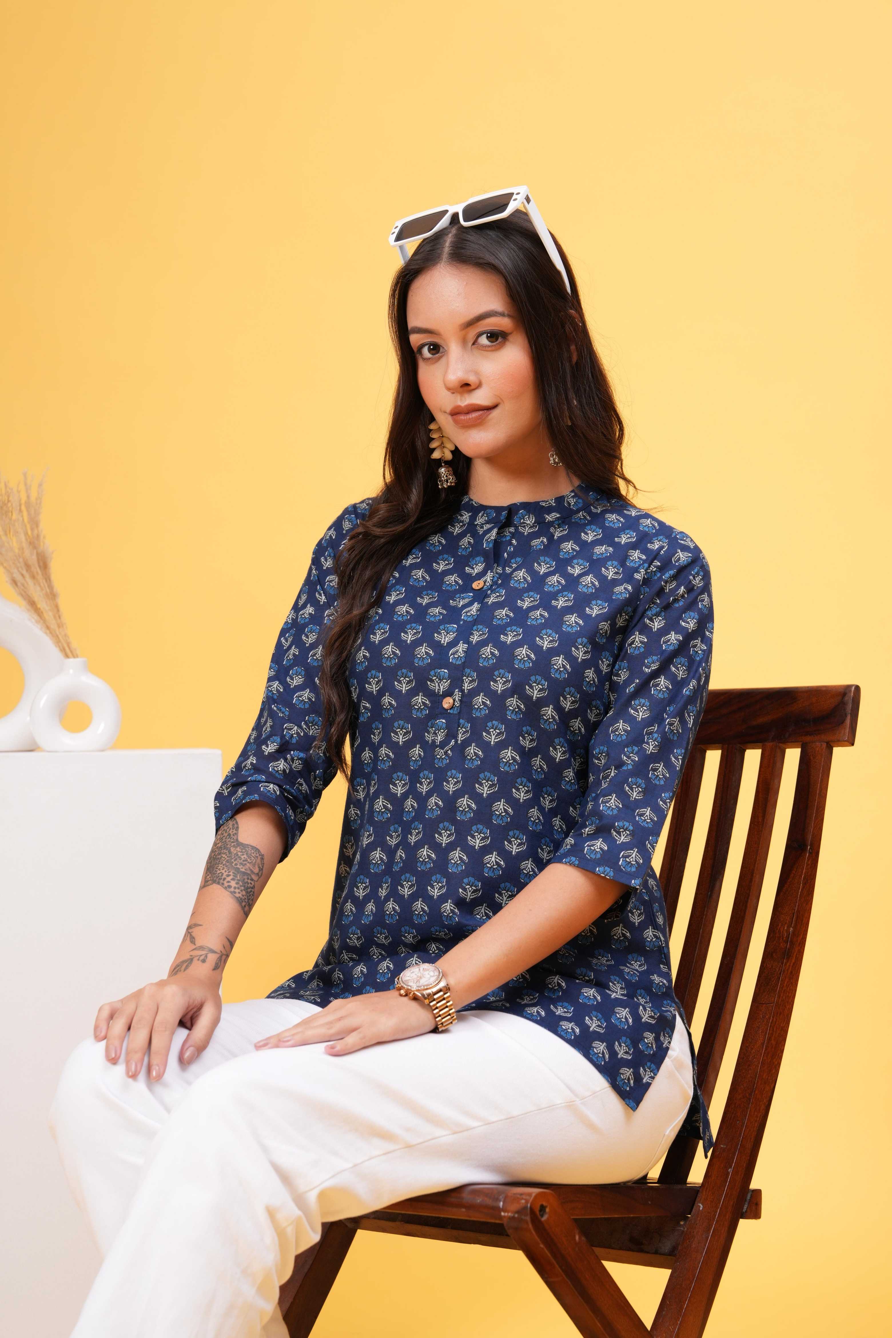 Navy Blue with White Block Print Stylish Collar Short Kurti - Classic Elegance in Timeless Contrast