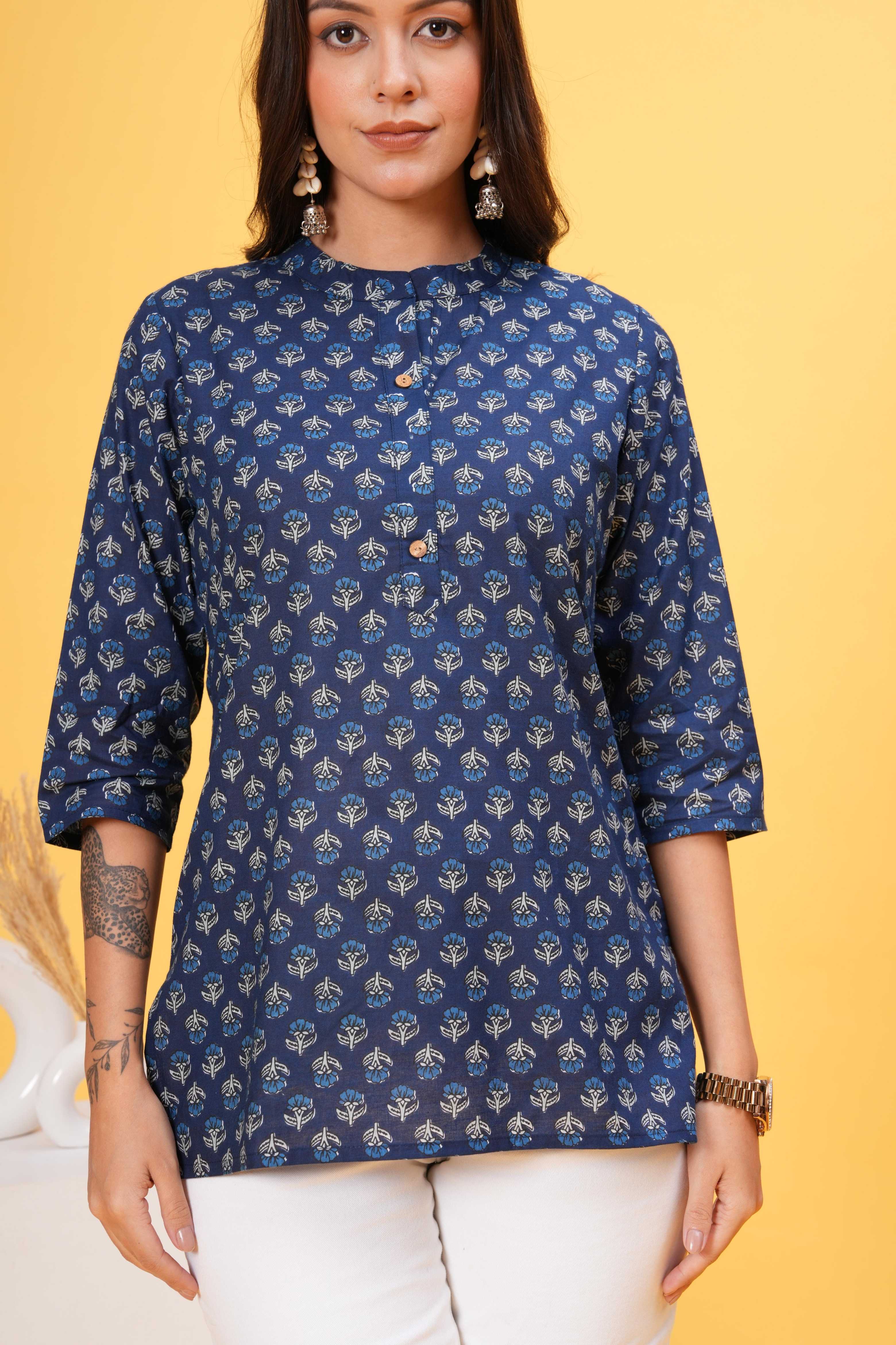 Navy Blue with White Block Print Stylish Collar Short Kurti - Classic Elegance in Timeless Contrast