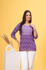 Purple and White Block Print Stylish Yoke Short Kurti - Graceful Contrast for Stylish Statement