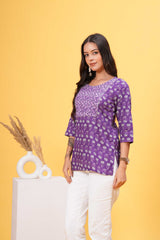 Purple and White Block Print Stylish Yoke Short Kurti - Graceful Contrast for Stylish Statement