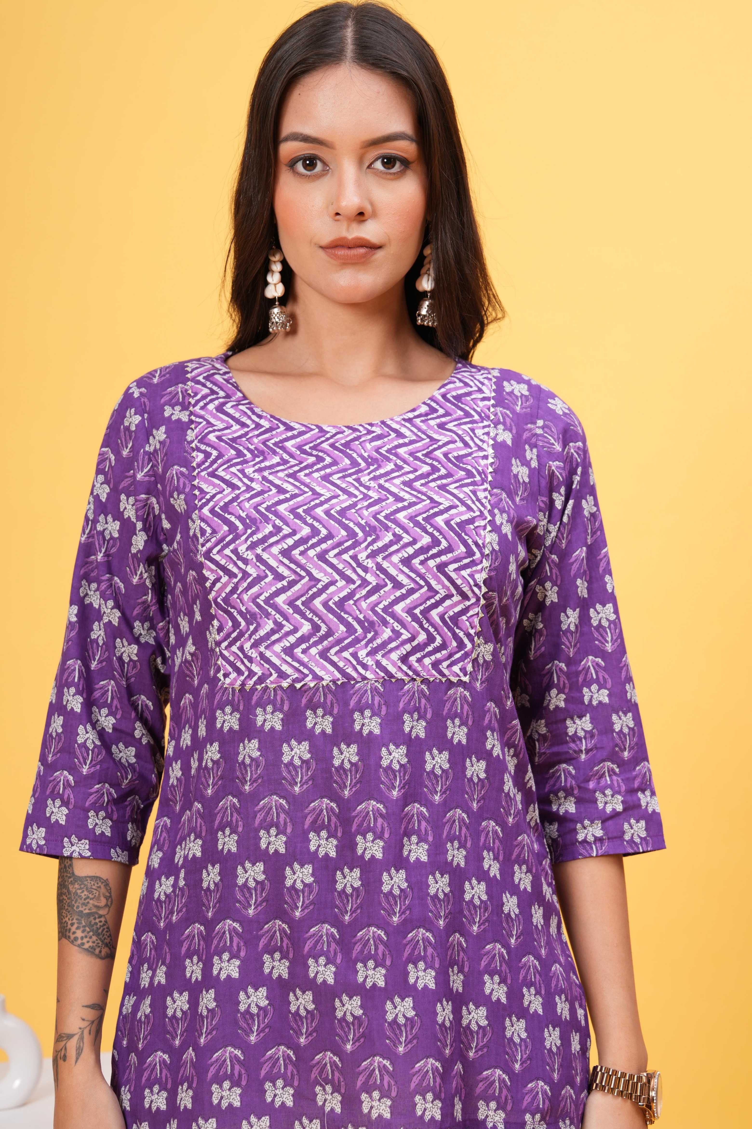 Purple and White Block Print Stylish Yoke Short Kurti - Graceful Contrast for Stylish Statement
