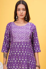 Purple and White Block Print Stylish Yoke Short Kurti - Graceful Contrast for Stylish Statement