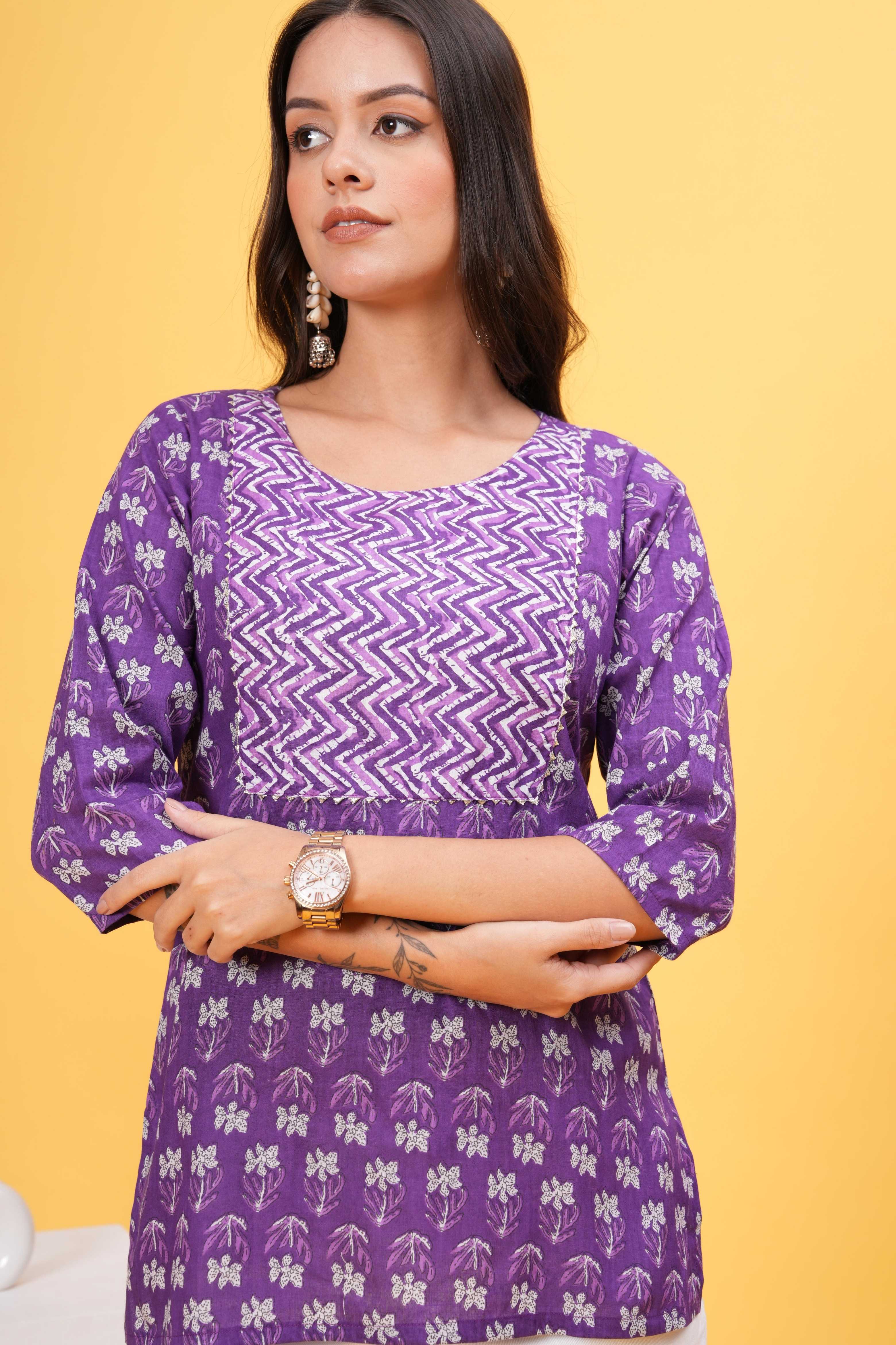 Purple and White Block Print Stylish Yoke Short Kurti - Graceful Contrast for Stylish Statement