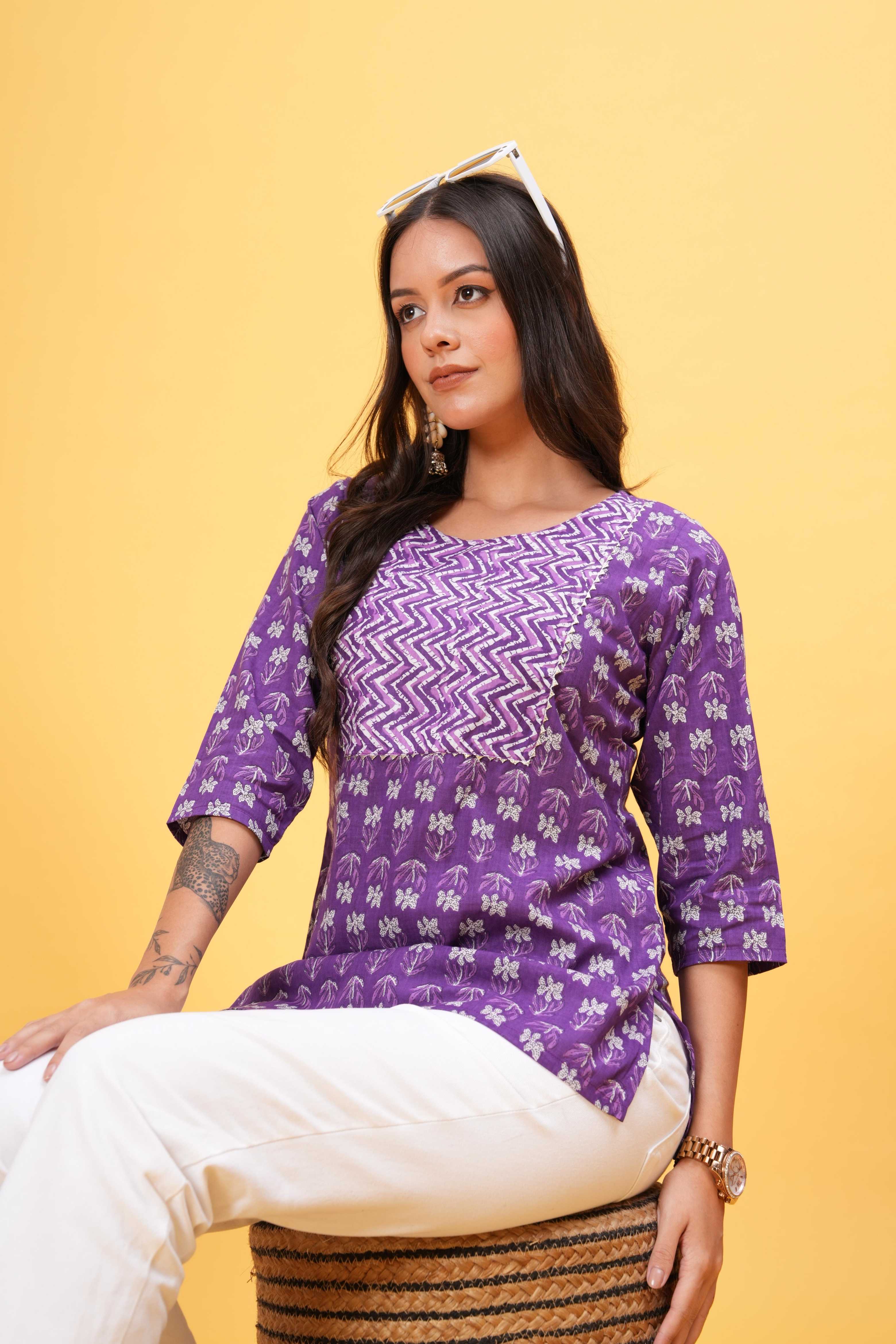 Purple and White Block Print Stylish Yoke Short Kurti - Graceful Contrast for Stylish Statement