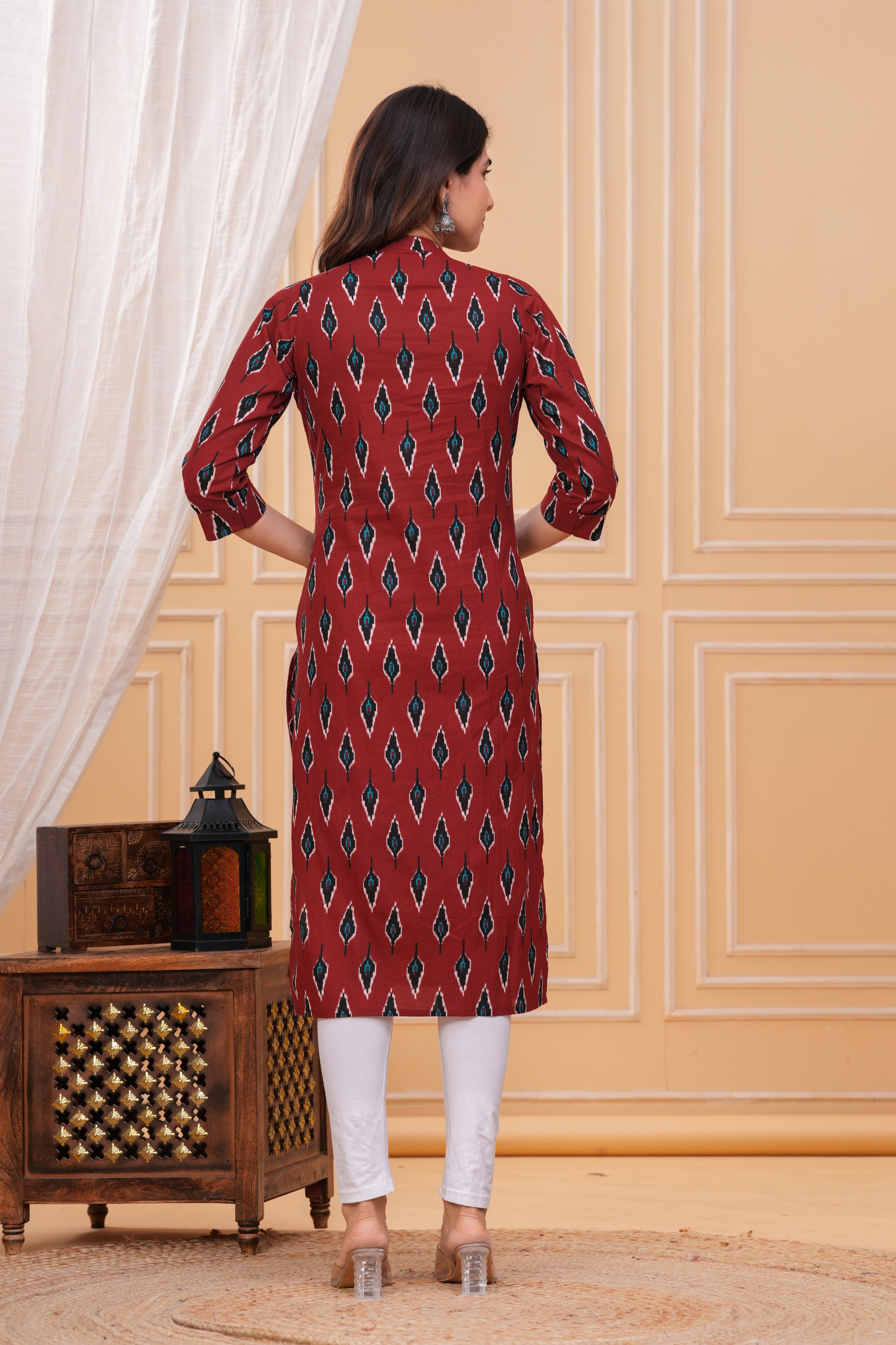 Elegant Red Ikkat Cotton Long Kurta for Women – Traditional Handloom Print, Comfortable & Stylish