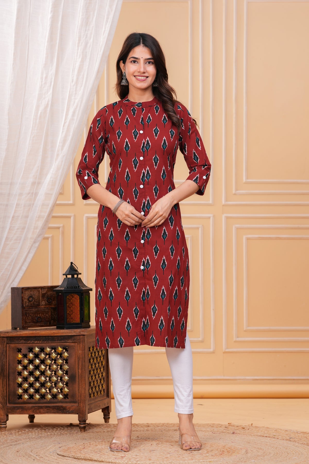 Elegant Red Ikkat Cotton Long Kurta for Women – Traditional Handloom Print, Comfortable & Stylish