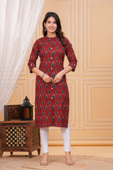 Elegant Red Ikkat Cotton Long Kurta for Women – Traditional Handloom Print, Comfortable & Stylish