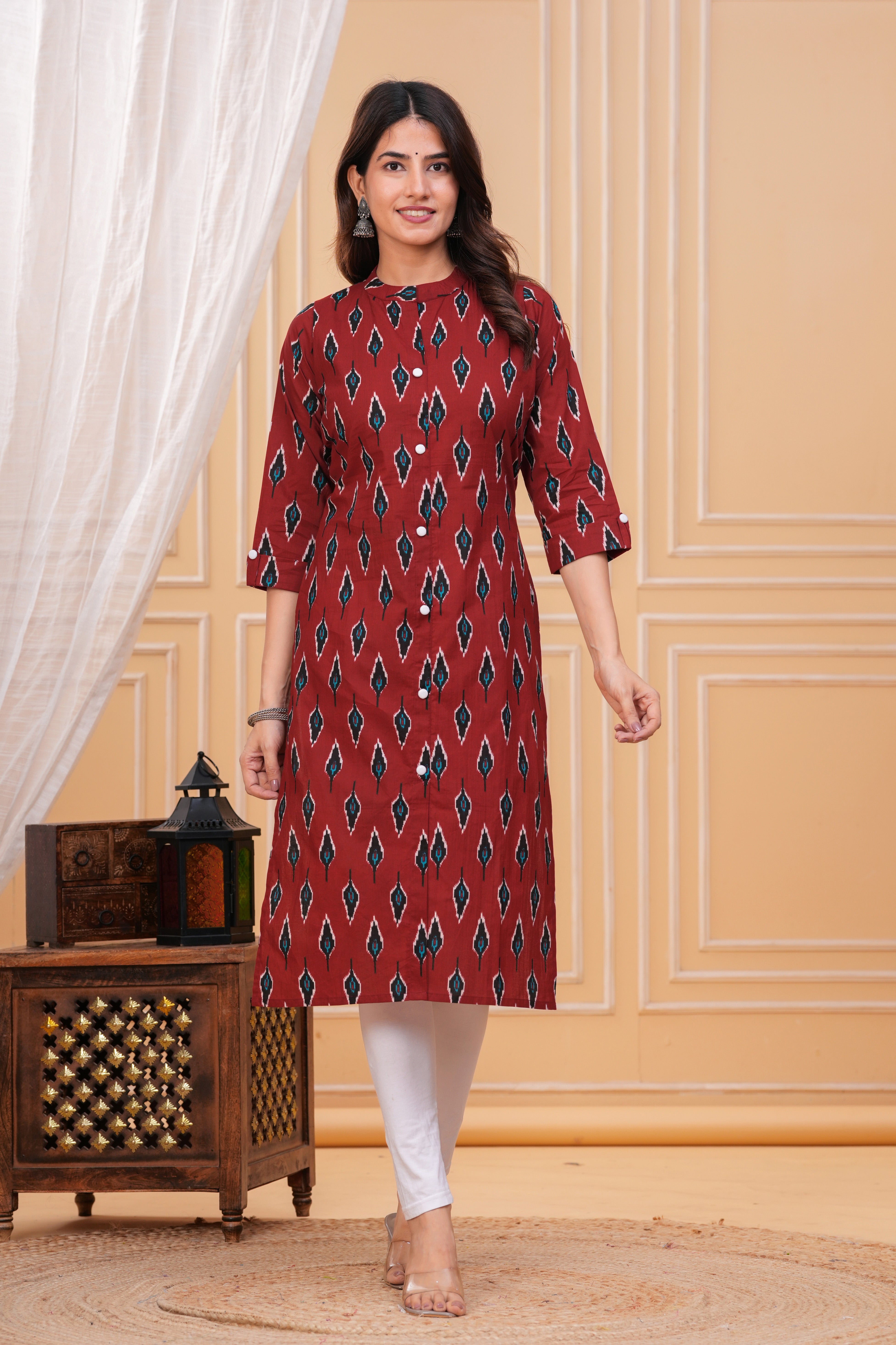 Elegant Red Ikkat Cotton Long Kurta for Women – Traditional Handloom Print, Comfortable & Stylish