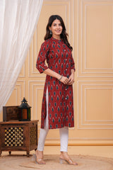 Elegant Red Ikkat Cotton Long Kurta for Women – Traditional Handloom Print, Comfortable & Stylish