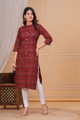 Elegant Red Ikkat Cotton Long Kurta for Women – Traditional Handloom Print, Comfortable & Stylish
