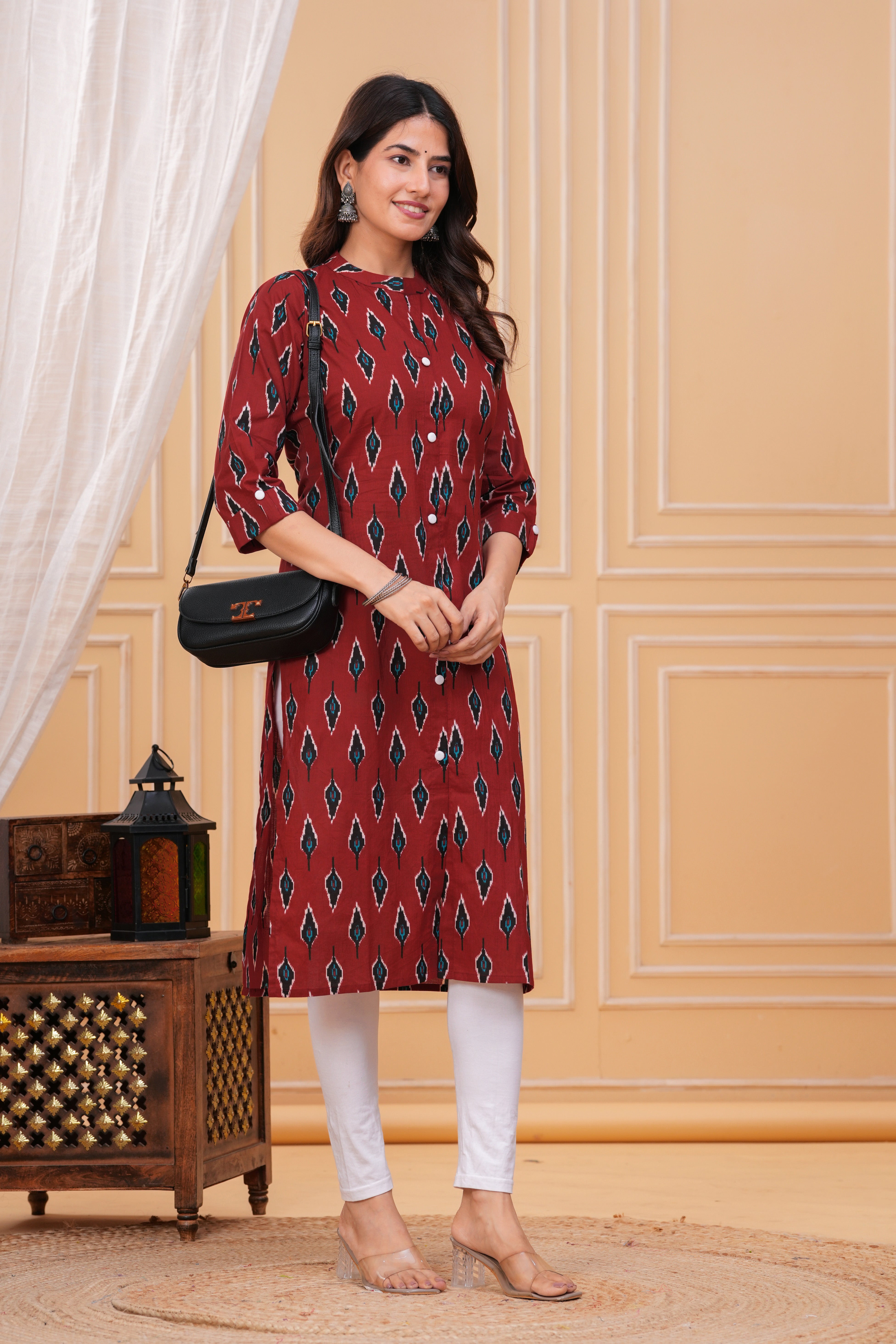 Elegant Red Ikkat Cotton Long Kurta for Women – Traditional Handloom Print, Comfortable & Stylish