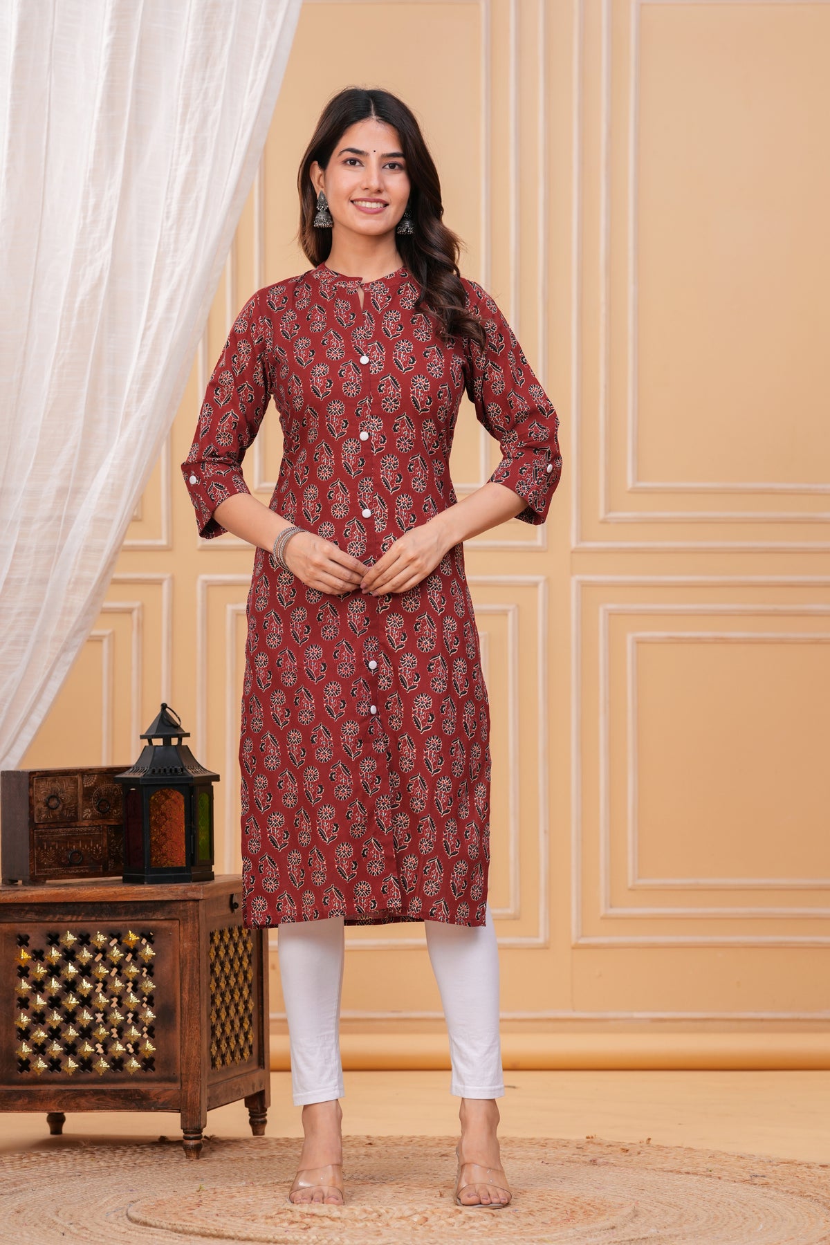 Red Ajrak Print Cotton Long Kurta for Women – Handcrafted Elegance in Pure Cotton