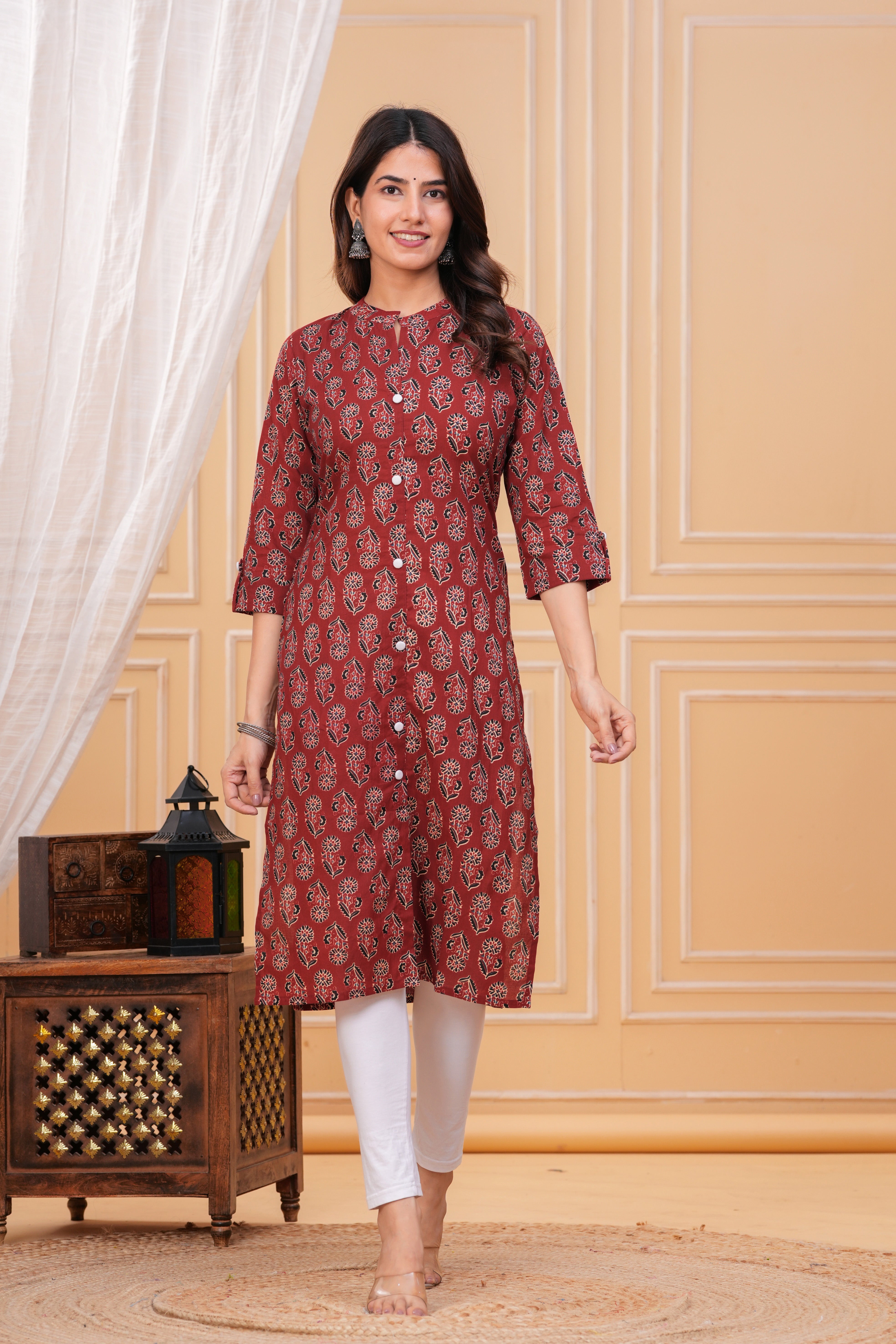 Red Ajrak Print Cotton Long Kurta for Women – Handcrafted Elegance in Pure Cotton