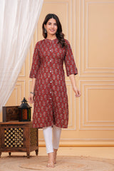 Red Ajrak Print Cotton Long Kurta for Women – Handcrafted Elegance in Pure Cotton