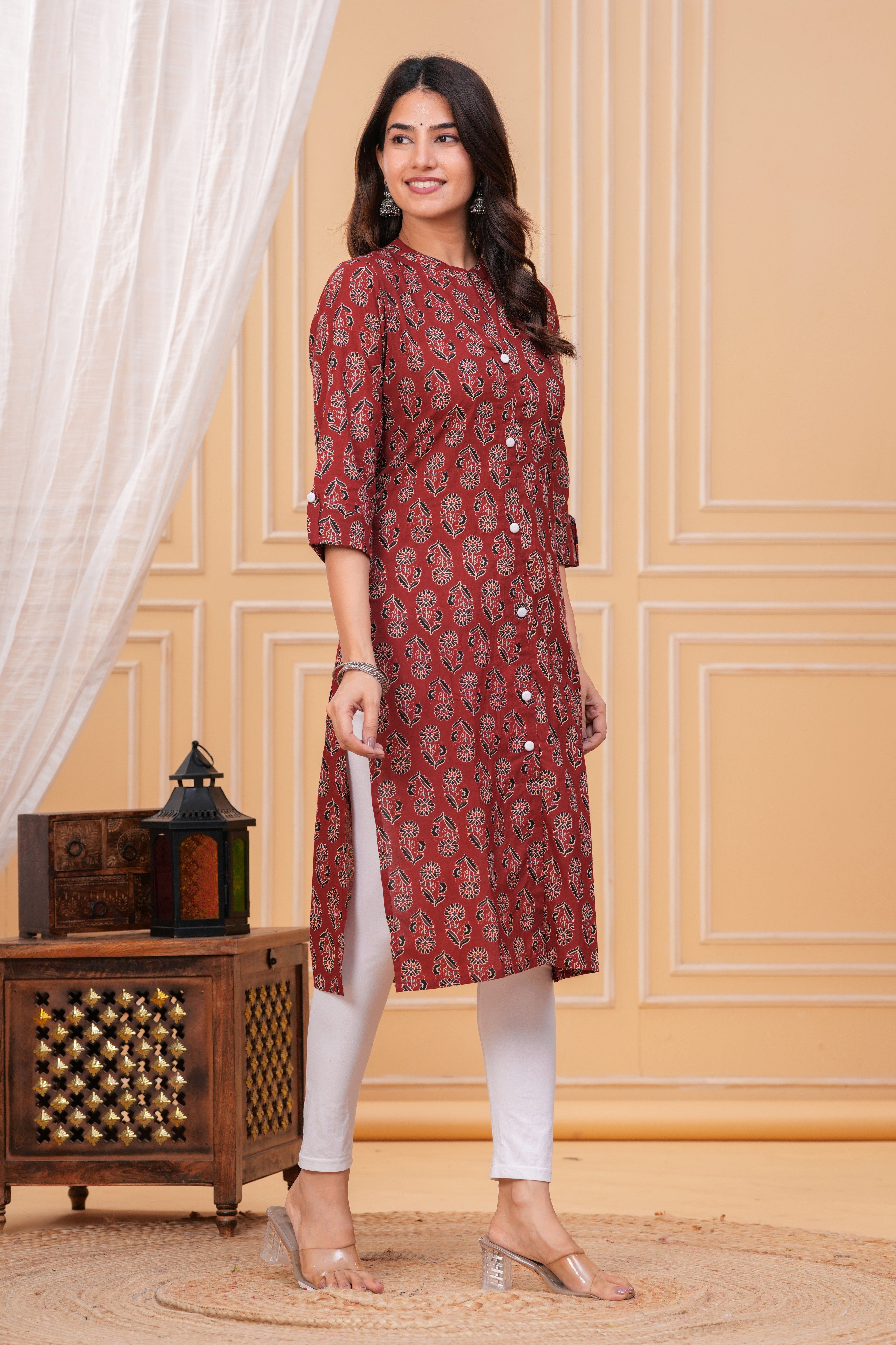 Red Ajrak Print Cotton Long Kurta for Women – Handcrafted Elegance in Pure Cotton