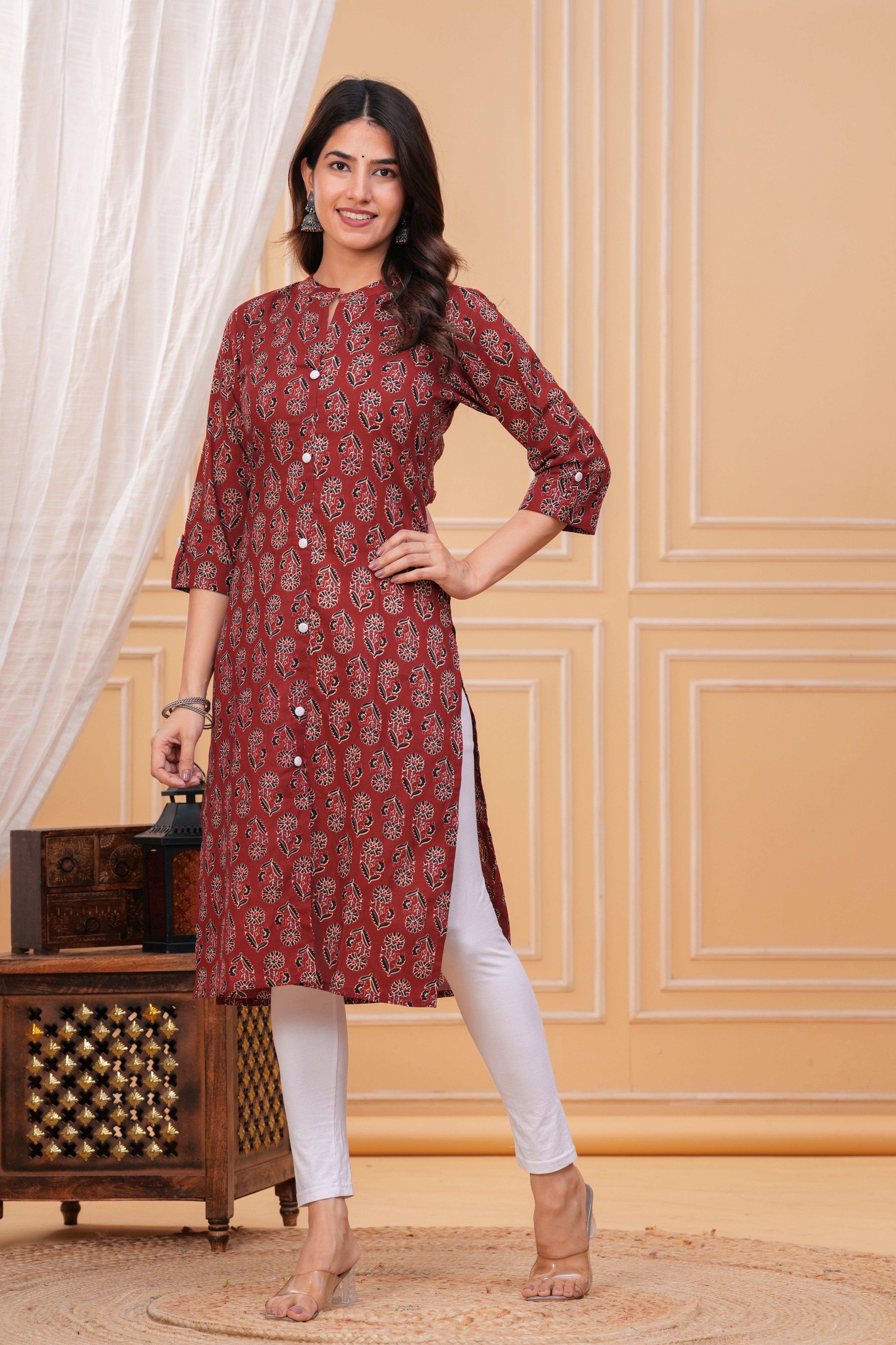 Red Ajrak Print Cotton Long Kurta for Women – Handcrafted Elegance in Pure Cotton