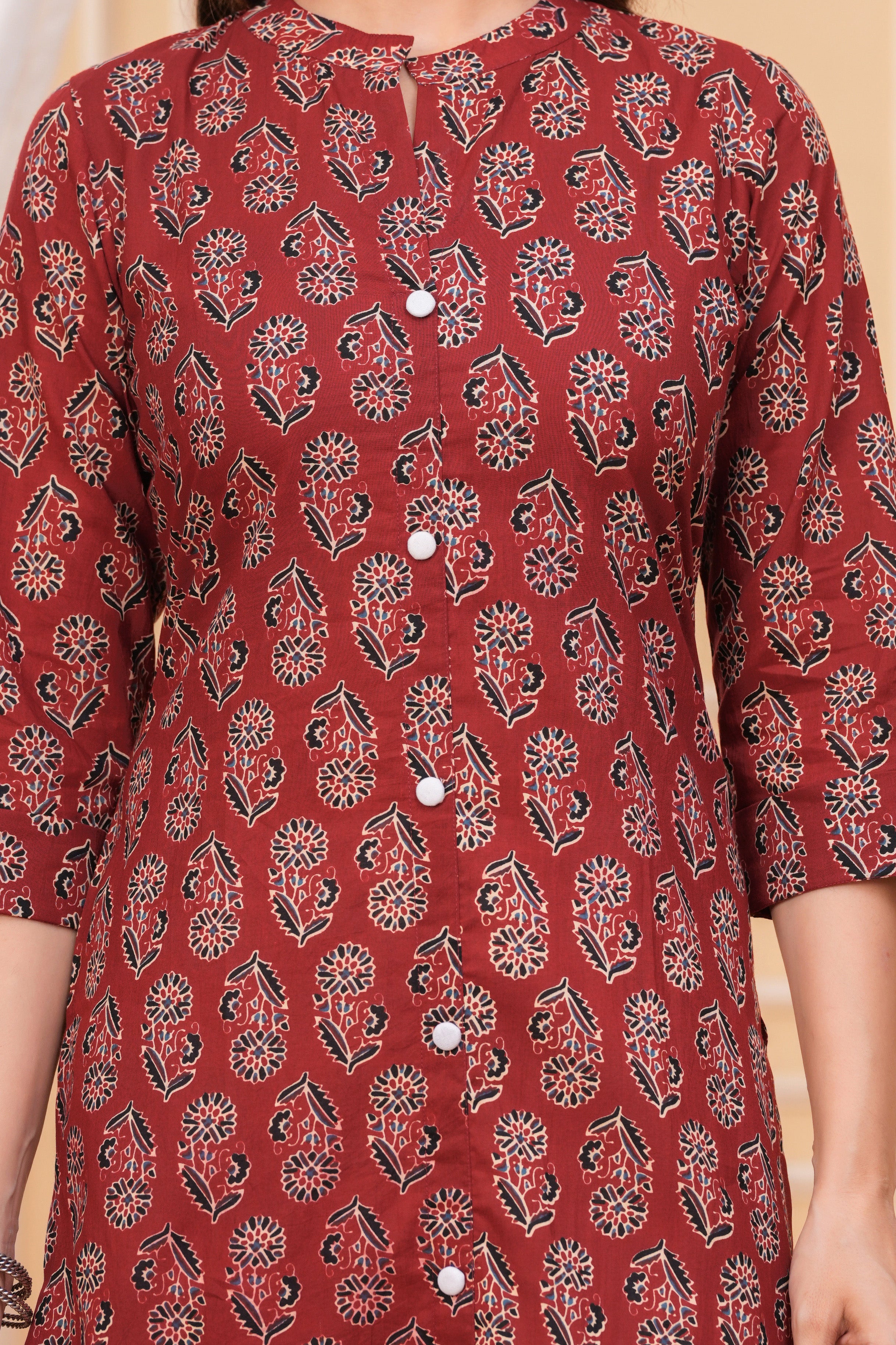 Red Ajrak Print Cotton Long Kurta for Women – Handcrafted Elegance in Pure Cotton
