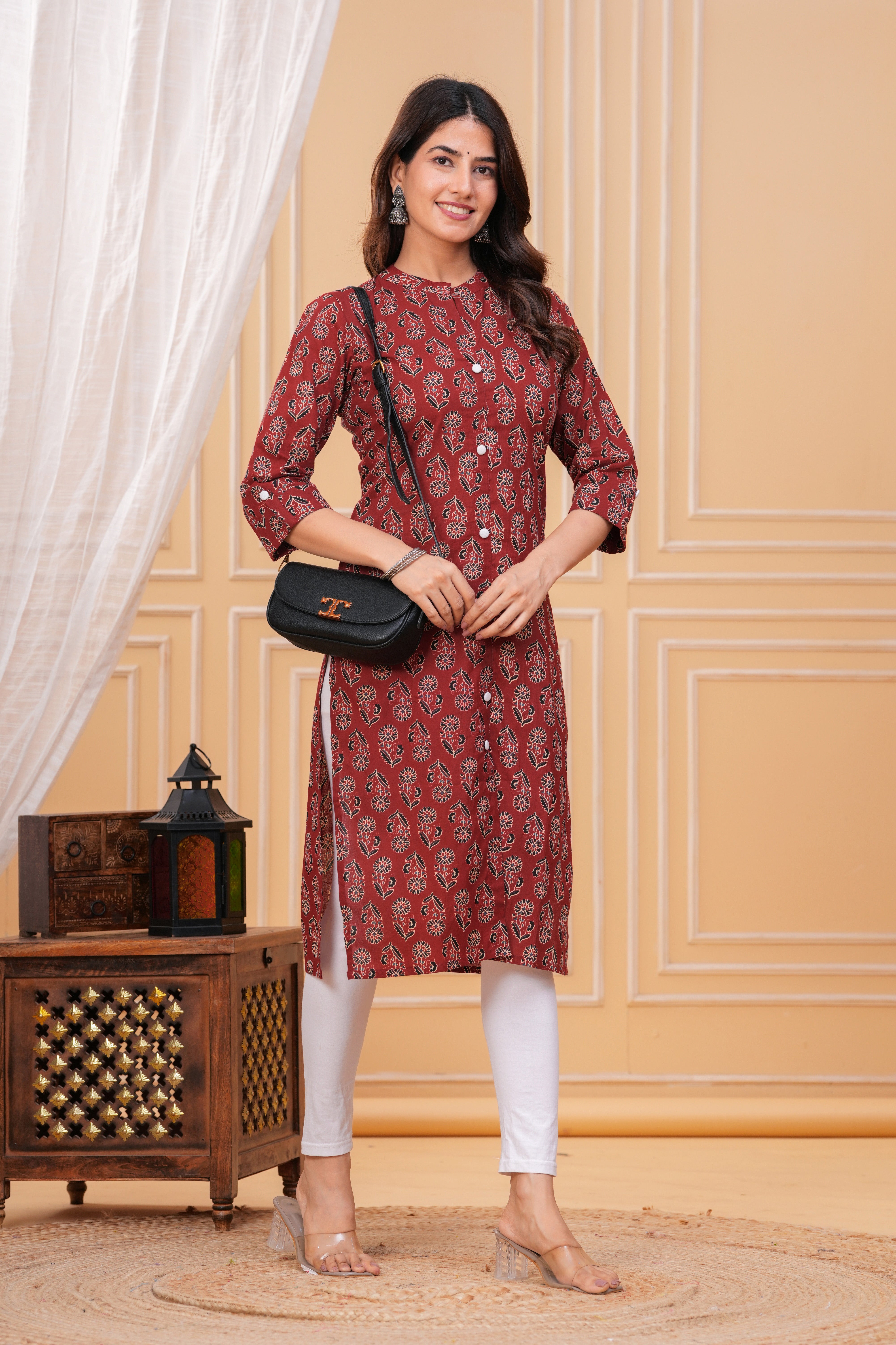 Red Ajrak Print Cotton Long Kurta for Women – Handcrafted Elegance in Pure Cotton