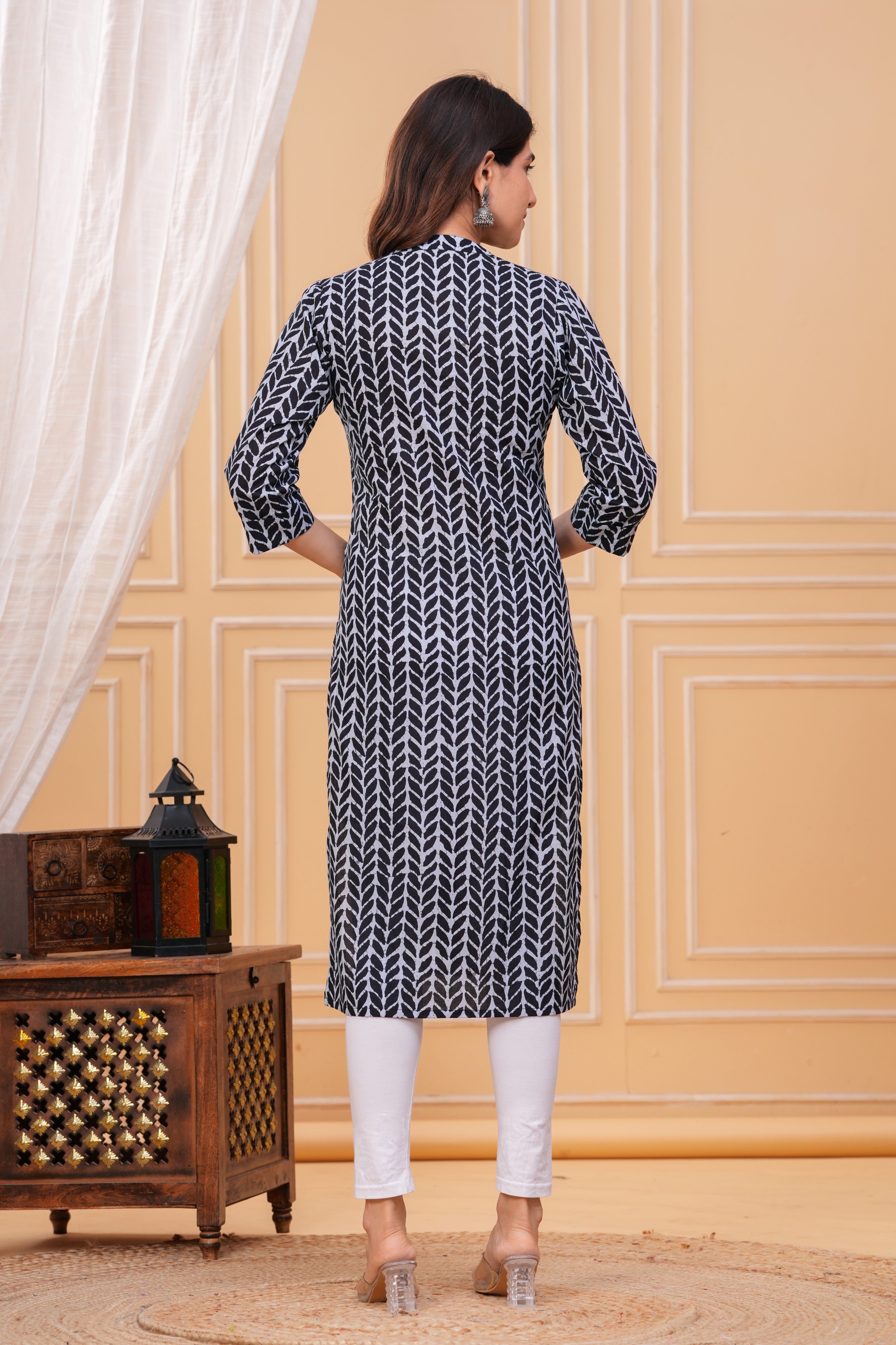 lack & Grey Printed Cotton Long Kurta for Women – Elegant Monochrome Style in Pure Cotton