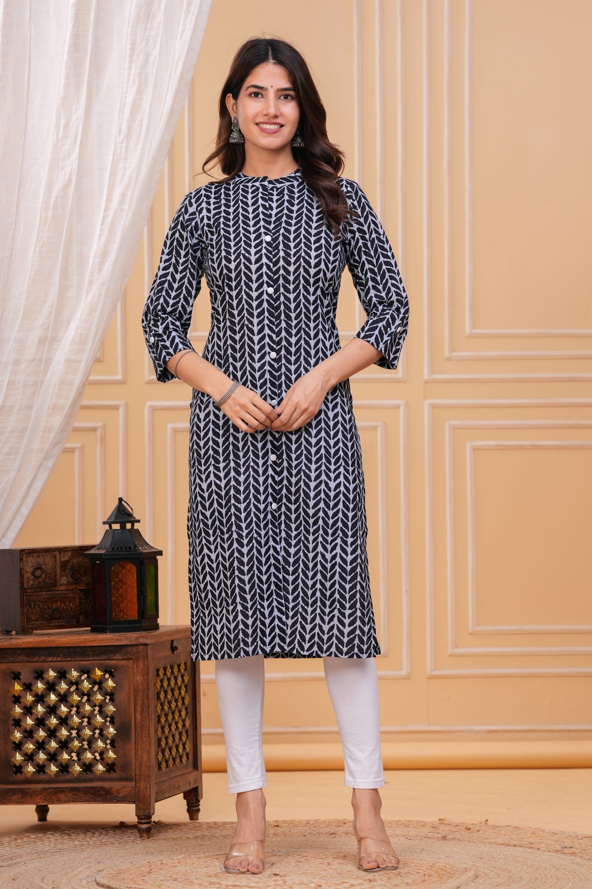 lack & Grey Printed Cotton Long Kurta for Women – Elegant Monochrome Style in Pure Cotton